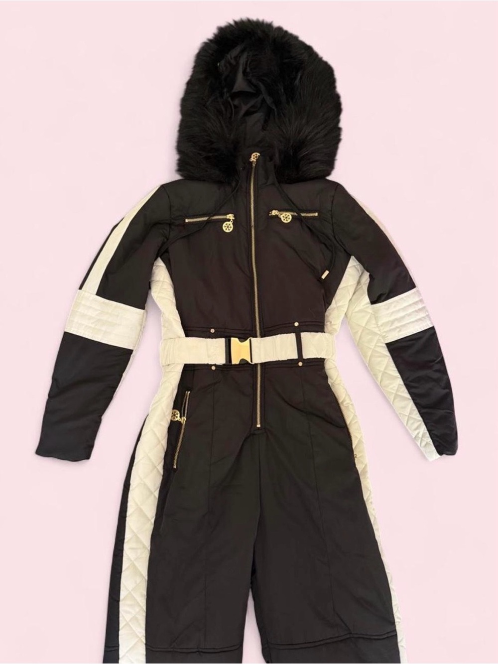 Yousify Black & White One Piece Ski Suit Faux Fur Hood Size Small NWT